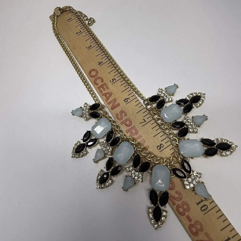 Talbots Blue And Black Rhinestone Gold Tone Chain Link Statement Necklace